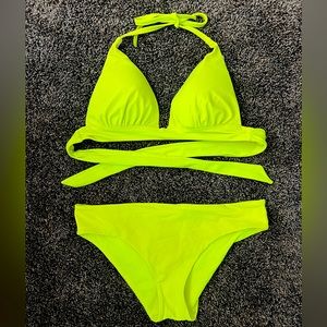 Victoria’s Secret push up halter and cheeky brief bottoms. Medium. Neon yellow
